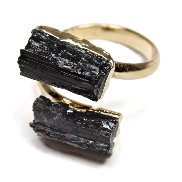 Black Tourmaline Crystal Adjustable Gold Ring