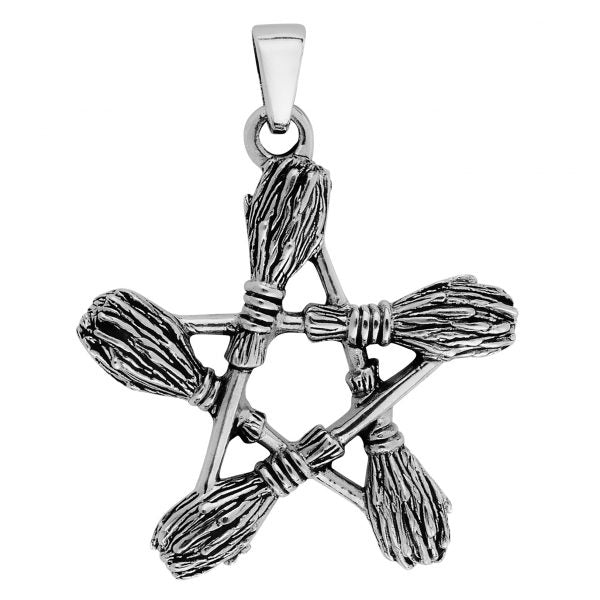 Pentacle Besom Broom Necklace - Sterling Silver