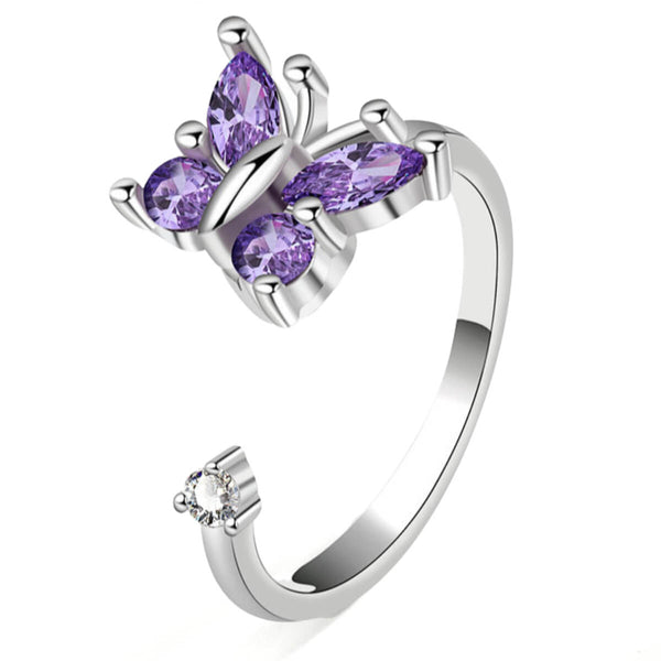 Anti Anxiety Purple Butterfly Ring - Silver