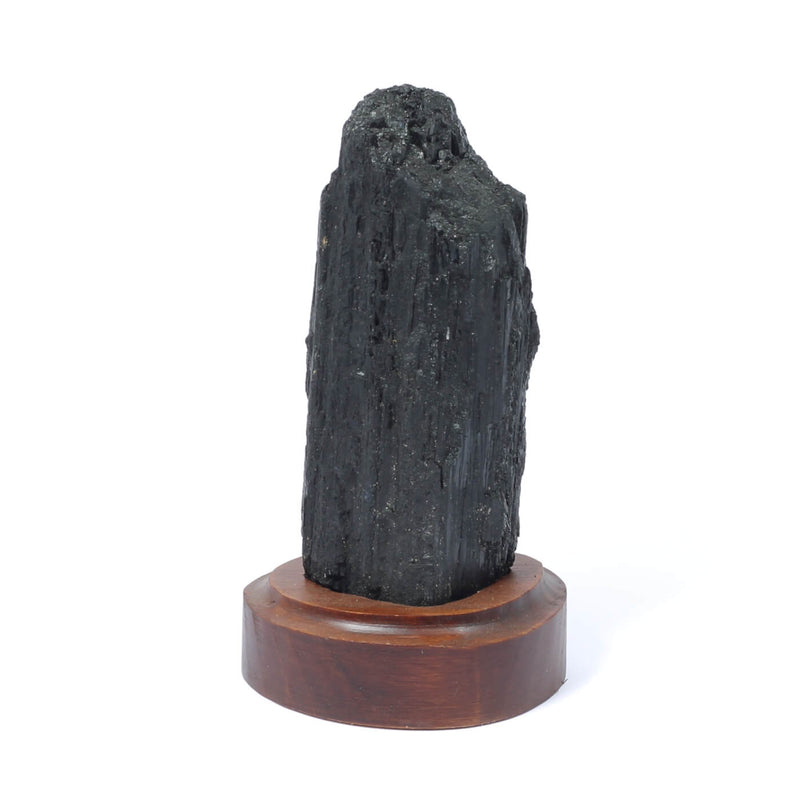 Black Tourmaline Specimen On Wooden Base - The Shadowguard (342g)