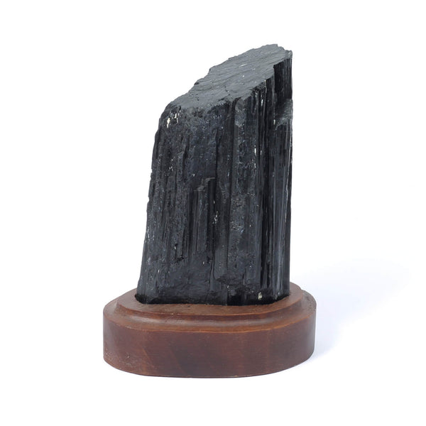 Black Tourmaline Specimen On Wooden Base - The Shadowguard (487g)