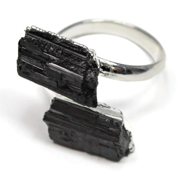 Black Tourmaline Crystal Adjustable Silver Ring