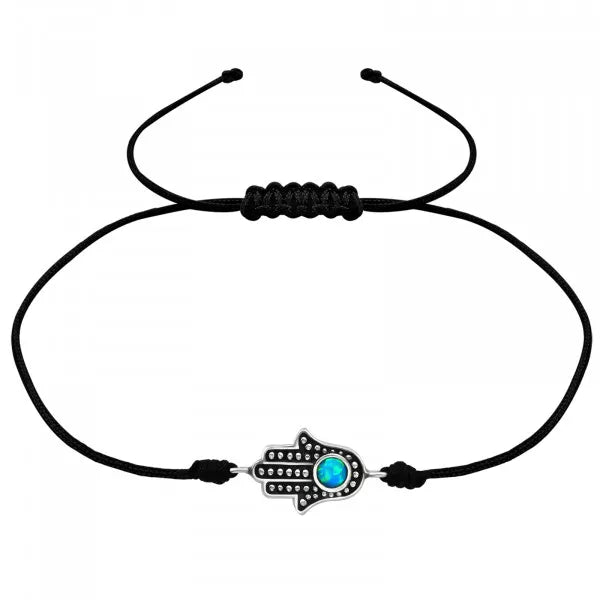 Hamsa Hand Adjustable Cord Bracelet - Sterling Silver