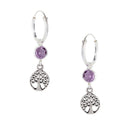 Amethyst CZ Tree Of Life Hoop Earrings - Sterling Silver