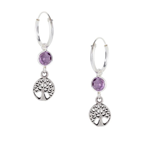 Amethyst CZ Tree Of Life Hoop Earrings - Sterling Silver