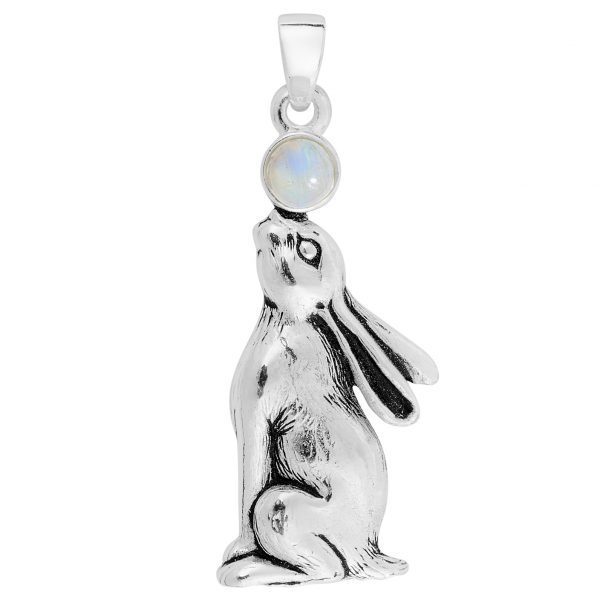 Moonstone Moon Gazing Hare Necklace - Sterling Silver