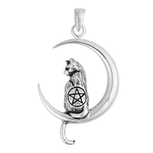 Pentagram Cat On Moon Necklace - Sterling Silver