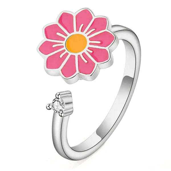Anti Anxiety Pink Daisy Ring - Silver