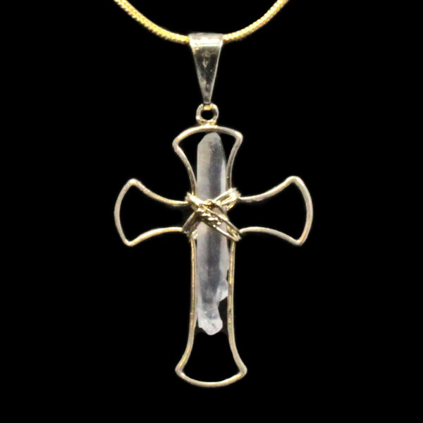 Clear Quartz Crystal Gold Cross Pendant with Gold Chain