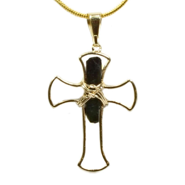 Tourmaline Crystal Gold Cross Pendant with Gold Chain