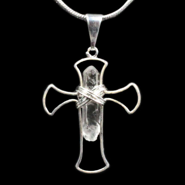 Clear Quartz Crystal Silver Cross Pendant with Silver Chain