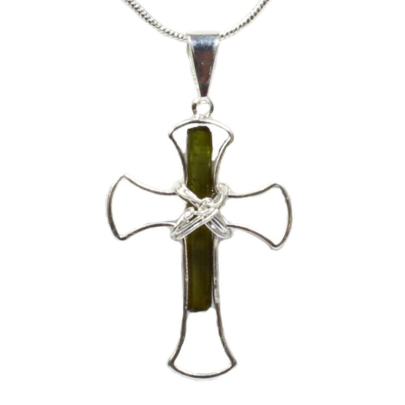 Tourmaline Crystal Silver Cross Pendant with Silver Chain