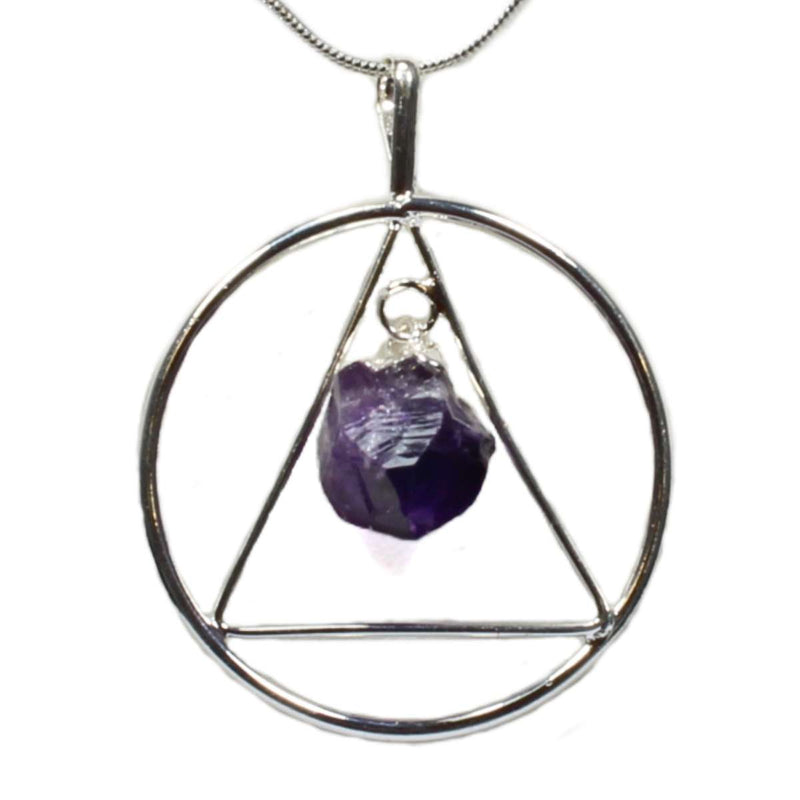 Amethyst Crystal Silver Triangle & Circle Pendant with Silver Chain