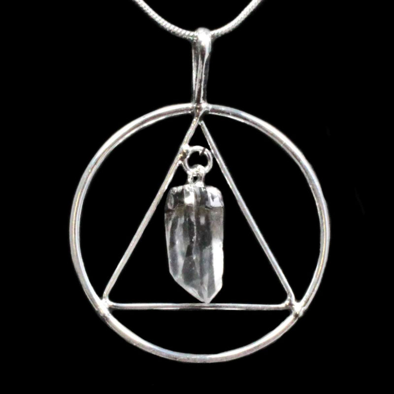 Clear Quartz Crystal Silver Triangle & Circle Pendant with Silver Chain