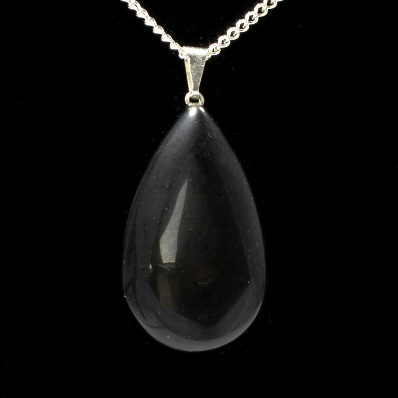 Black Obsidian Teardrop Pendant with Silver Chain