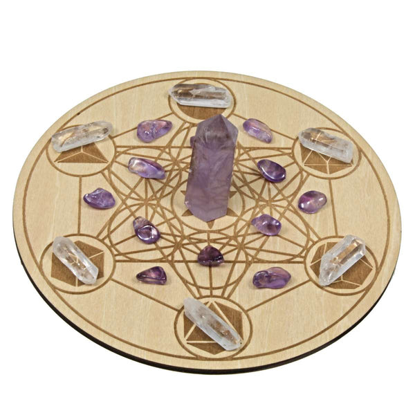 Mini Amethyst & Wooden Geometric Crystal Grid Set