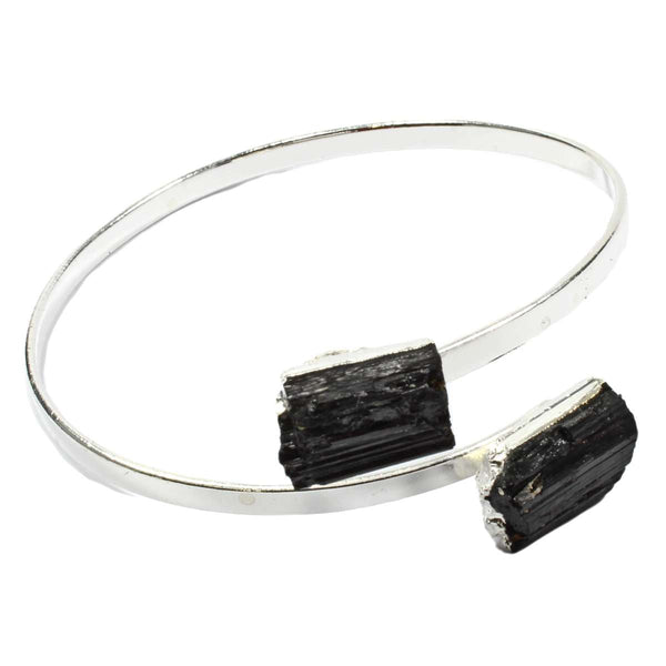 Black Tourmaline Crystal Adjustable Silver Bangle