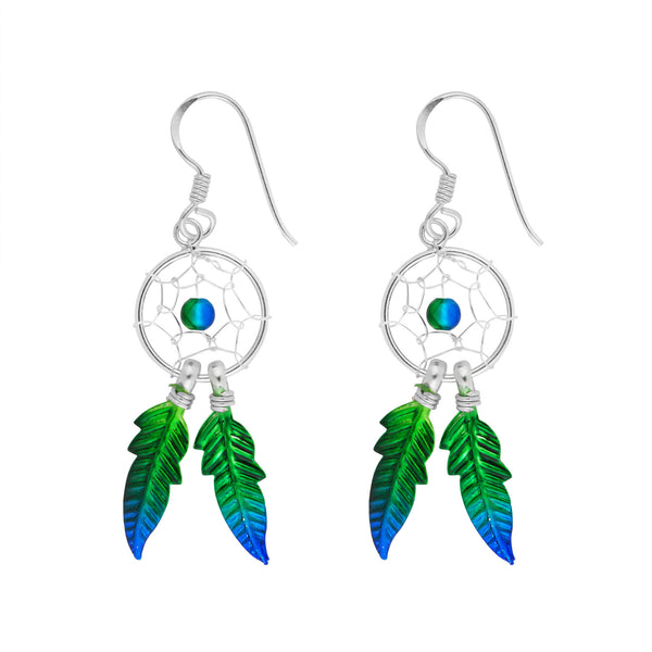 Green & Blue Dreamcatcher Earrings - Sterling Silver