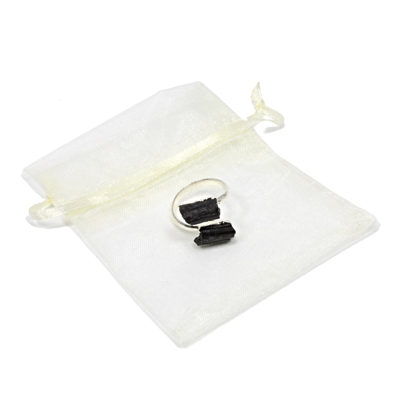 Black Tourmaline Crystal Adjustable Silver Ring