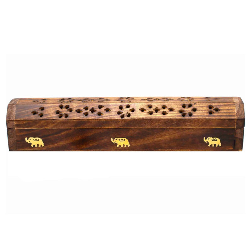 Mango Wood Incense Box with Brass Elephant Inlay
