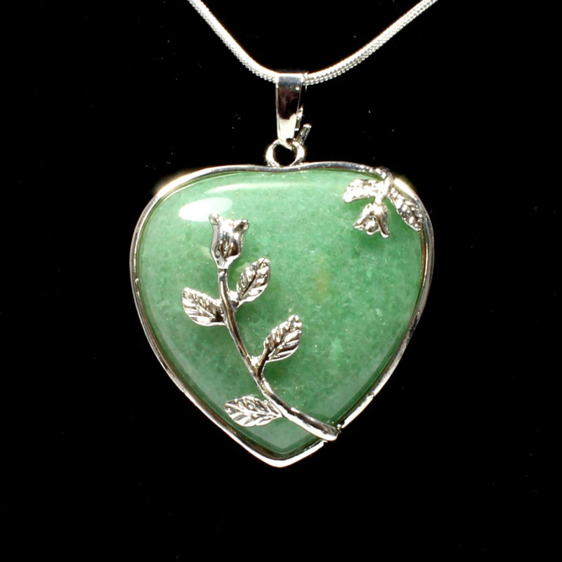 Green Aventurine Heart & Leaf Design Pendant With Chain