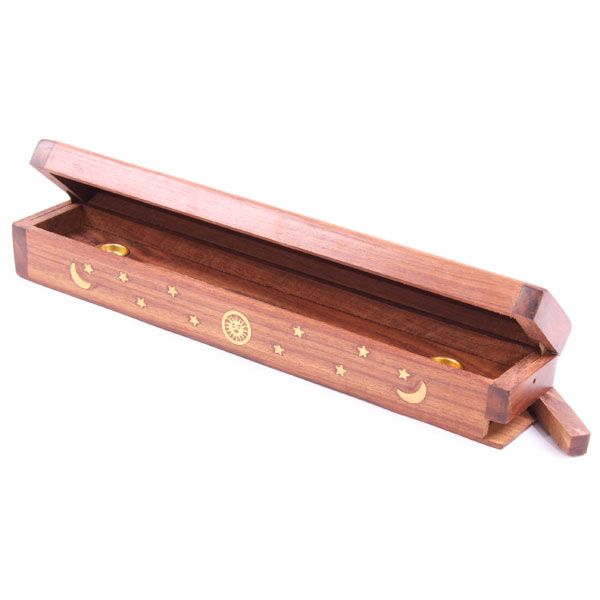 Sheesham Wood Incense Ashcatcher Brass Inlay - Sun, Moon & Stars