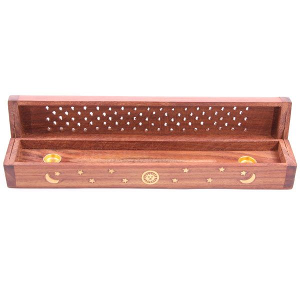 Sheesham Wood Incense Ashcatcher Brass Inlay - Sun, Moon & Stars