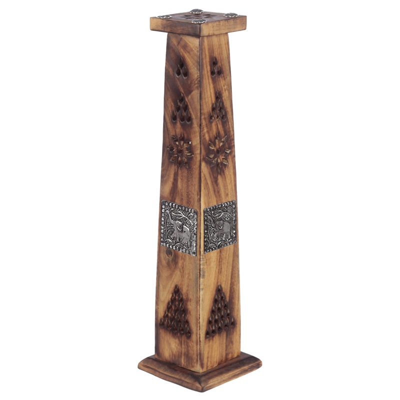 Mango Wood Tower Incense Burner with Elephant Inlay