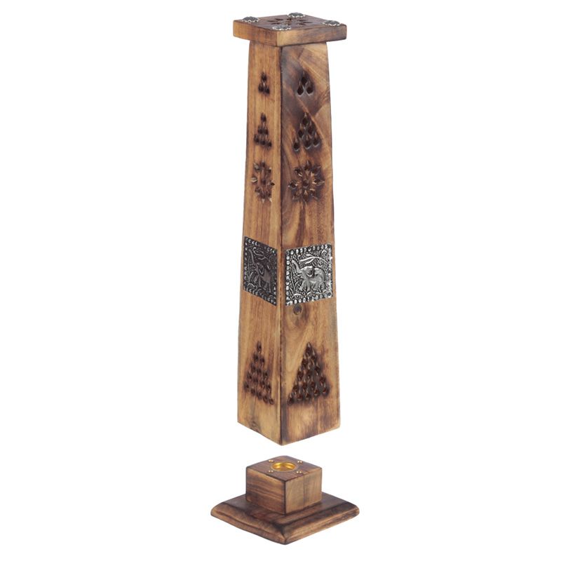 Mango Wood Tower Incense Burner with Elephant Inlay