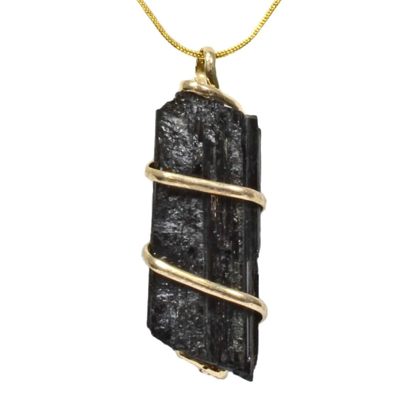 Black Tourmaline Rough Crystal Spiral Pendant with Gold Chain