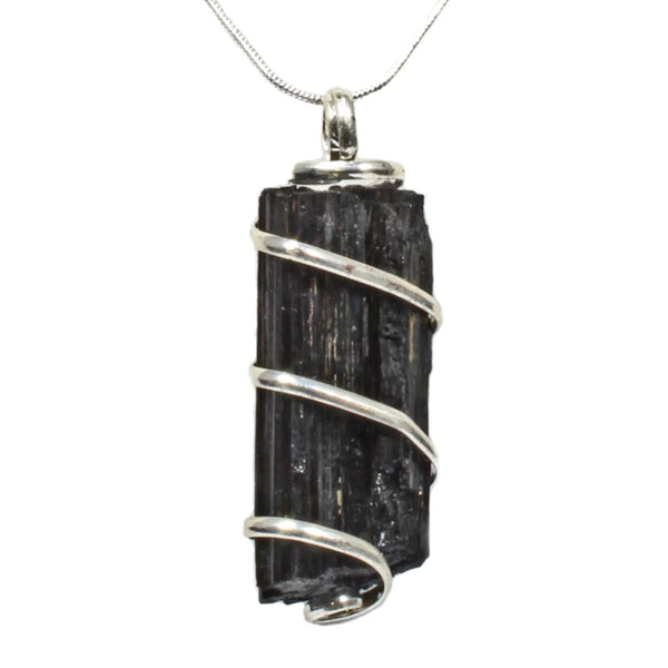 Black Tourmaline Rough Crystal Spiral Pendant with Silver Chain
