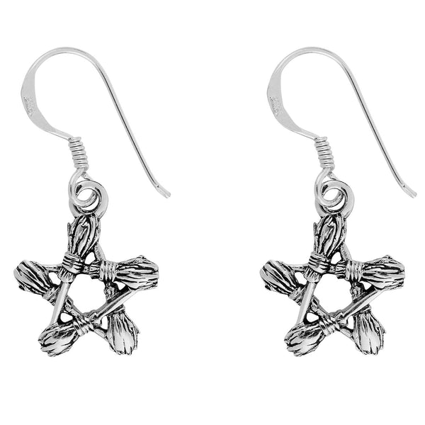 Pentagram Besom Broom Earrings - Sterling Silver