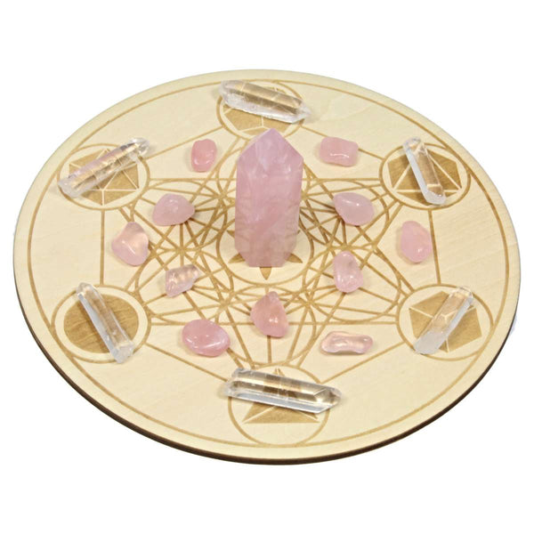 Mini Rose Quartz & Wooden Geometric Crystal Grid Set