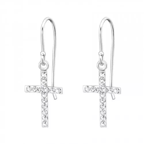 Sterling Silver Cross Earrings with Quartz Crystals