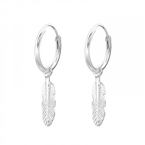 Sterling Silver Hanging Feather Hoop Earrings