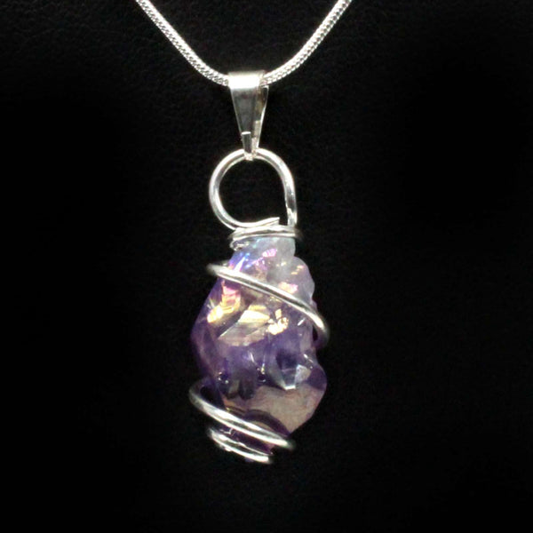 Amethyst Aura Point with Silver Spiral Pendant & Chain