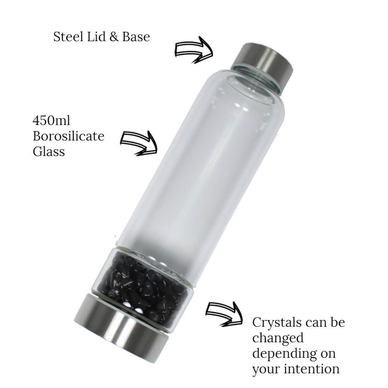 Glass Crystal Water Bottle - Black Obsidian for Protection and Cleansing