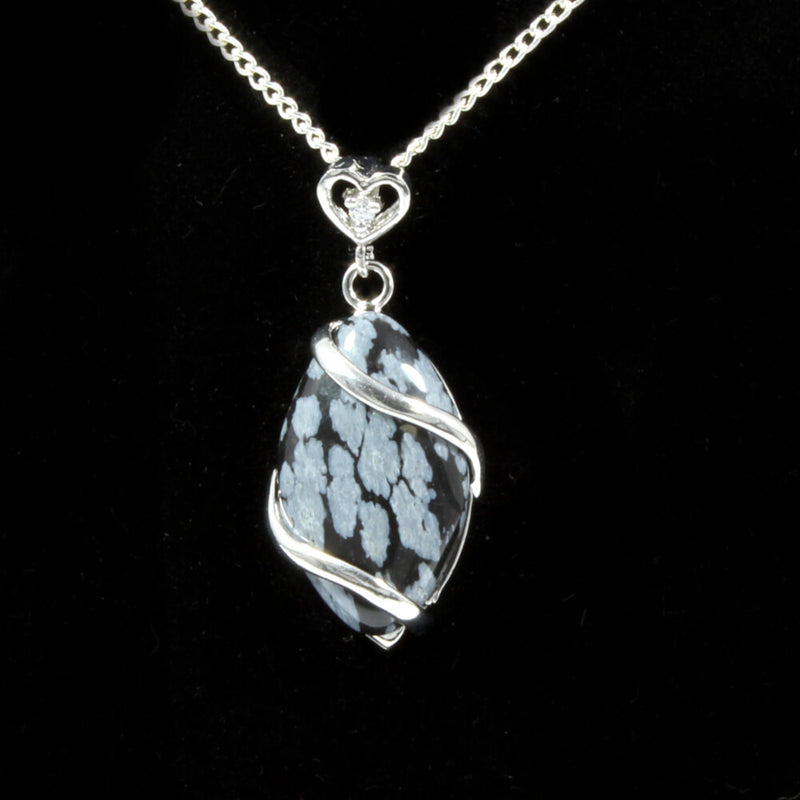 Snowflake Obsidian Heart & Oval Pendant With Chain